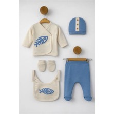 Bamoola Organik Erkek Balık Desenli 5'li Tulum Hastane Çıkışı Yenidoğan Kıyafet Mama Önlüğü