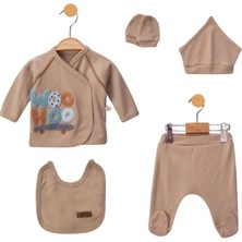 Bamoola Organik Erkek Kaykay Desenli 5'li Tulum Hastane Çıkışı Yenidoğan Kıyafet Mama Önlüğü