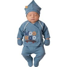 Bamoola Organik Erkek Kaykay Desenli 5'li Tulum Hastane Çıkışı Yenidoğan Kıyafet Mama Önlüğü