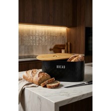 Makri Home Ekmeklik, Metal Ekmek Kutusu, Bambu Kapaklı Siyah Ekmek Sepeti, 34 x 19 x 16 cm