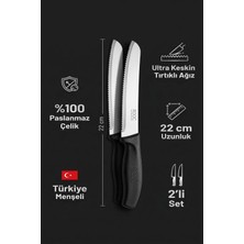 Makri Home 2'li Ultra Keskin Tırtıklı Bıçak Seti, Siyah 22 cm %100 Garantili Paslanmaz Çelik