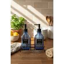 Makri Home Modern Çizgili Desenli Cam Ikili Sıvı Sabunluk & Deterjanlık Seti, Mavi - 500 ml Cam Sabunluk