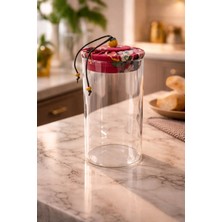 Makri Home 650 ml Borosilikat Cam Hava Geçirmez Kırmızı Kumaş Kaplama Bambu Kapaklı Kavanoz,çap: 8 Cm, H: 18 cm