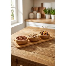 Makri Home Bambu 3'lü Çerezlik & Kuruyemiş Sunum Seti Yuvarlak– Tepsili, Doğal Ahşap Servis Kasesi