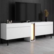 Modatte Mobilya MODATTE Nova Siyah Demir Ayaklı Rgb LED Işık Sistemli Beyaz Tv Ünitesi Tv Sehpası