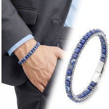 Fm 💎 Premium Lapis Doğal Taşlı Hasır Örgü Zincirli Erkek Çelik Bileklik 31832B28D17 - 20 cm