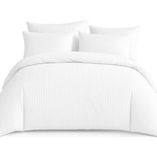 Çift Kişilik Çizgili Nevresim TAKIMI%100 Pamuk 200X220 - Yumuşak Dokulu Lüks Nevresim Takımı Beyaz Beyaz