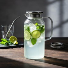 Borosilikat Cam Sürahi - Silikon Contalı Süzgeçli Metal Kapaklı | Konik, Fitilli ve Düz Model Seçenekleri | Dayanıklı Şeffaf Karaf (1800 ml - 2000 Ml) (Düz - 2000ML)