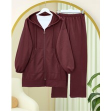 Modamorfo Fermuarlı Kapşonlu Penye Takım      -Bordo