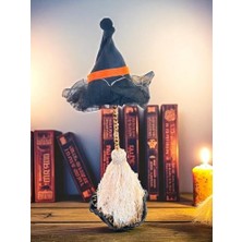 Halloween Cadı Şapkası, LED Işıklı, Siyah Kumaş, Cadı Süpürgesi, Turuncu Şeritli, Dekoratif Süsleme, Pilli