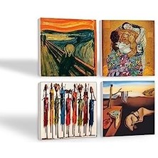 Salvador Dalí Belleğin Azmi, Çığlık, Yerli Kadınlar, Gustav Klimt Aile Kucaklama Taş Bardak Altlığı Seti - 4 Parça - Dekoratif, Rustik, 10X10 Cm, Kaydırmaz Tabanlı SC579