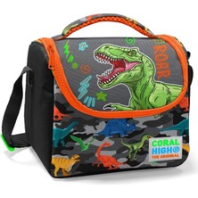 Siyah Turuncu Yeşil Dinazor Baskılı Erkek Çocuk Beslenme Çantası