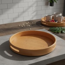Taşıma Kulplu Yuvarlak Bambu Tepsi (30 Cm) | Doğal Ahşap Servis Tepsisi | Kahve, Kahvaltı ve Dekoratif Masaüstü Organizeri