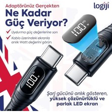 100W Type-C To Type-C Dijital LED Ekranlı Göstergeli Hızlı Şarj Kablosu E-Mark Çipli, Dayanıklı Örgülü, 1.2m, Usb-C Pd 3.0, 15 16,17 Telefon, Laptop Tablet Uyumlu