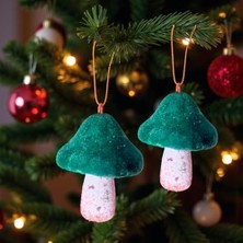 Yılbaşı Mantar Süs Kadife 11CM Yeşil Beyaz 2 Adet AST7208