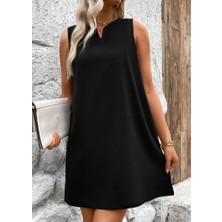 Gökyüzü Moda Kadın Askılı V Yakalı Geniş Kesim Detaylı Kısa Janjan Krep Elbise