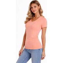 Adisia T-Shirt V Yaka Slim Fit Likralı Tişört Günlük Basic Body - Toz Pembe