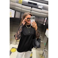 Gacha Kadın Bisiklet Yaka Kolları Dantel Güpür Detay Bluz