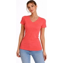 Drgy T-Shirt V Yaka Slim Fit Likralı Tişört Günlük Basic Body - Nar Çiçeği