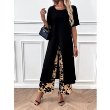 Meğdaix Kadın Kısa Kollu Önden Çapraz Detaylı Viskon Uzun Bluz ve Desenli Iki Iplik Pantolon Ikili Takım