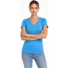 Adisia T-Shirt V Yaka Slim Fit Likralı Tişört Günlük Basic Body - Açık Mavi
