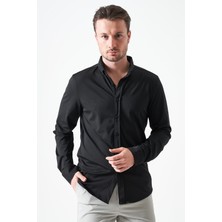 Tena Erkek Siyah Uzun Kol Ripaş Dalgıç Slim Fit Gömlek