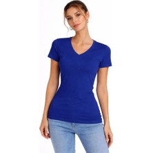 Adisia T-Shirt V Yaka Slim Fit Likralı Tişört Günlük Basic Body - Indigo