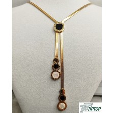 Tiptop Ticaret Siyah-Beyaz Mineli Gold Renk Kolye