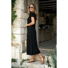 Infivento Kadın Kısa Kollu V Yakalı Yırtmaçlı Midi Viskon Elbise