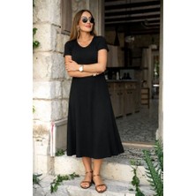 Sidelya Concept Kadın Kısa Kollu V Yakalı Yırtmaçlı Midi Viskon Elbise