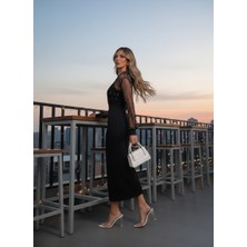 Sun&north Kadın Uzun Kollu Halka Yaka Tül Inci Detaylı Uzun Ithal Krep Elbise