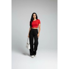 Modanı Seç Kadın Yüksek Bel Pensli Bol Paça Krep Palazzo Pantolon – Siyah