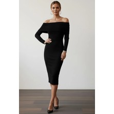 Modanı Seç Kadın Siyah Madonna Yaka Sandy Kumaş Esnek Midi Boy Uzun Kollu Elbise