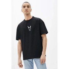 Alfanora Erkek Baskılı T-Shirt Kısa Kol Bisiklet Yaka Rahat Kalıp Tişört - Siyah