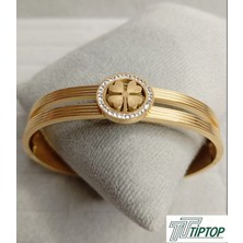 Tiptop Ticaret Yonca Model Zirkon Taşlı Gold Renk Kelepçe Bileklik