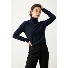 Modanı Seç Kadın Lacivert Pamuklu Boğazlı Balıkçı Yaka Şardonlu Ince Kazak Slim Fit Bluz