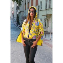Modanı Seç Sarı Çiçekli Kapüşonlu Kolları Fermuarlı Kısa Şişme Mont