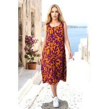 Modanı Seç Kahverengi Desenli Kalın Askılı Cepli Midi Elbise