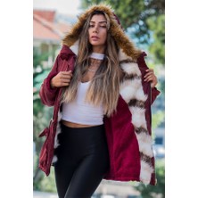 Modanı Seç Bordo Su Geçirmez Içi Kürklü Kürk Kapüşonlu Mont
