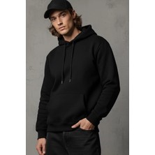 Modanı Seç Unisex Kışlık Siyah Üç Iplik Şardonlu Pamuklu Kalın Basic Kapüşonlu Hoodie Sweatshirt