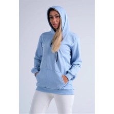 Modanı Seç Mavi Kapüşonlu Kanguru Cepli Şardonlu Sweatshirt