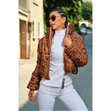 Modanı Seç Kahverengi Yazılı Dik Yaka Su Geçirmez Kısa Şişme Mont