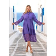 Modanı Seç Mor Önden Düğmeli Kolları ve Eteği Dantelli Ponponlu Midi Elbise