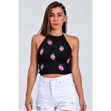 Modanı Seç Siyah Çilek Kabartma Baskı Boyundan Bağlamalı Crop Örme Bluz