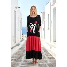 Modanı Seç Kırmızı Siyah Garnili Kayık Yaka Kısa Kollu Aplike Lale Nakışlı Uzun Elbise