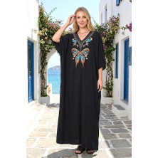 Modanı Seç Siyah V Yaka Kelebek Nakışlı Cepli Oversize Uzun Elbise