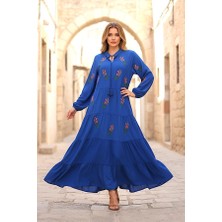 Modanı Seç Saks Mavi Önü ve Kolları Çiçek Nakışlı Eteği Kat Kat Uzun Elbise