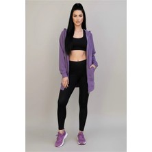 Modanı Seç Kadın Mor Oversize Kapüşonlu Fermuarlı Iki Iplik Uzun Hırka