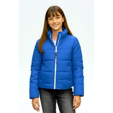 Modanı Seç Kız Çocuk Saks Mavi Sırtı Taş Baskılı Dik Yaka Şişme Mont