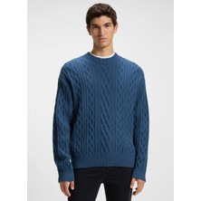 Boss Bisiklet Yaka Relaxed Desenli Mavi Erkek Kazak Kableto